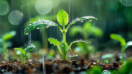 4K晨曦植物嫩芽绿色幼苗小雨自然风光