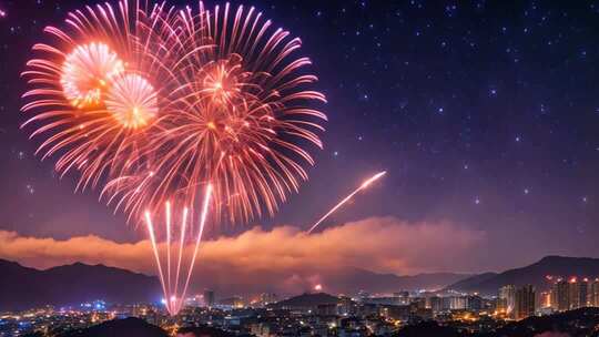 城市夜空绽放的绚丽烟花