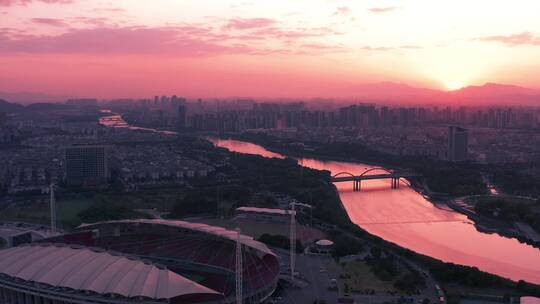 义乌市体育场日落黄昏晚霞风光 渐远视角