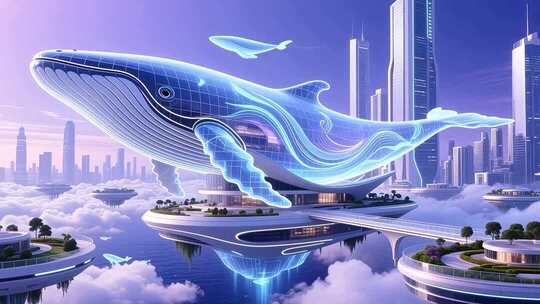 创意虚拟鲸鱼概念地产高端光影云端城市4K