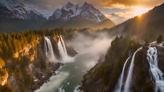 雪山森林间的壮丽瀑布景观