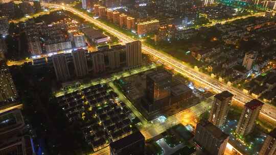 城市市区夜晚夜景车流城市风景航拍延时