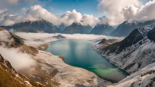 雪山环绕的湖泊全景