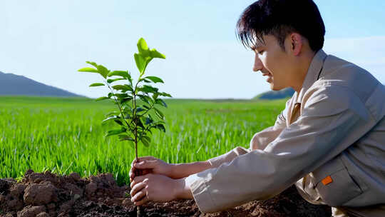 男子栽种树苗 青年植树造林绿化环境