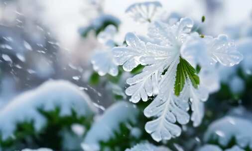 唯美冬季 飘雪 花朵 植物特写雪景 (4)