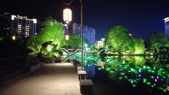 郴州爱莲湖湖面莲花灯光秀夜景视频素材模板下载