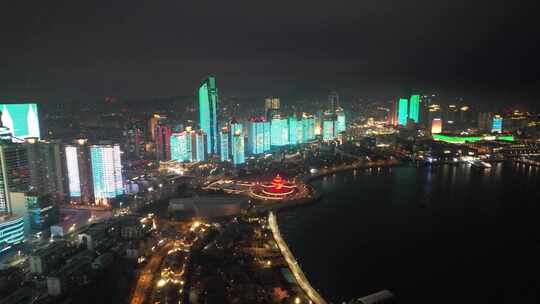 山东青岛浮山湾城市天际线夜景风光航拍