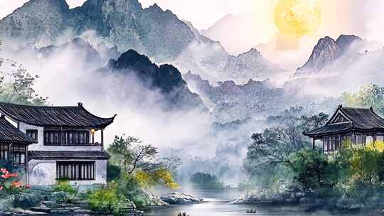 水墨丹青山水画卷宁静致远古典园林山峦起伏