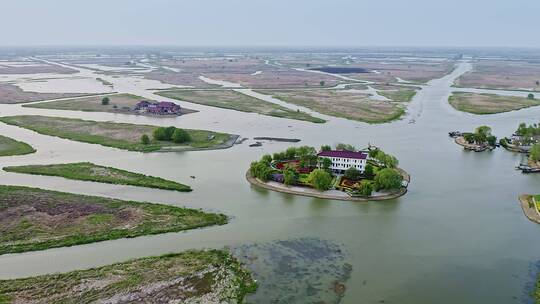 航拍江苏盐城九龙口名胜风景区湖景