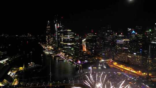 航拍澳大利亚悉尼港夜景烟火表演摩天大楼