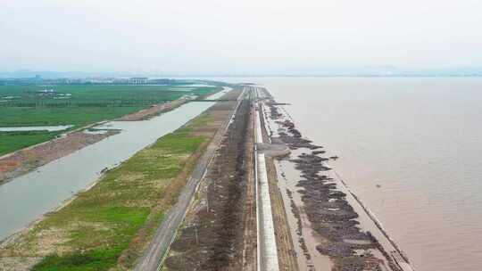 台州湾新区，海边堤坝，航拍素材