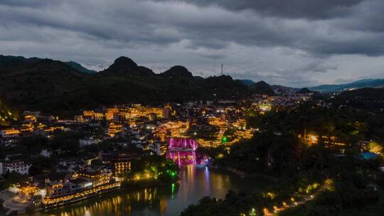 航拍湖南湘西芙蓉镇夜景延时摄影视频素材模板下载