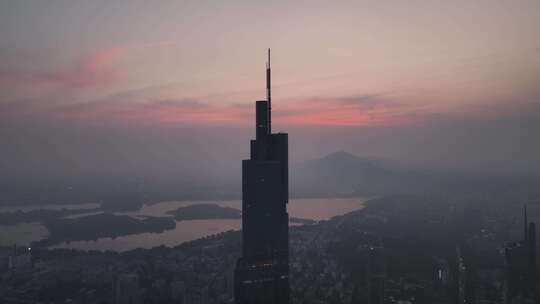 航拍江苏南京市CBD中心紫峰大厦日出景观