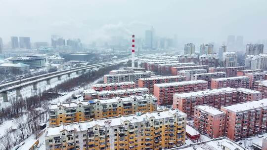 中国东北辽宁沈阳冬季雪后城市航拍