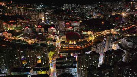 万家灯火小县城市夜晚航拍实拍鸟瞰高楼大厦