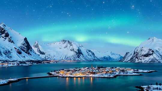 雪山极光下的小镇夜景