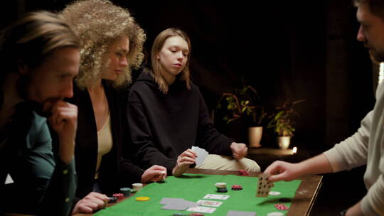 一群朋友坐在家里桌子上玩扑克