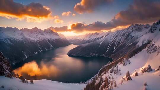 雪山湖泊日落壮丽风光