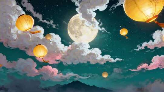 月夜云间飘飞的古风灯笼