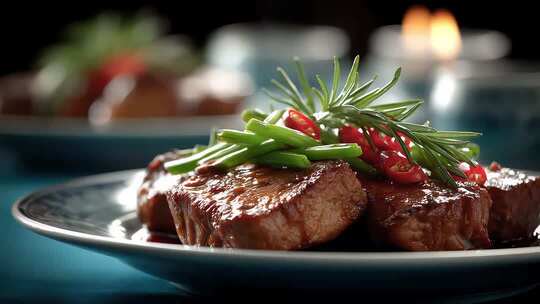 精致摆盘的诱人牛排美食令人食欲大增