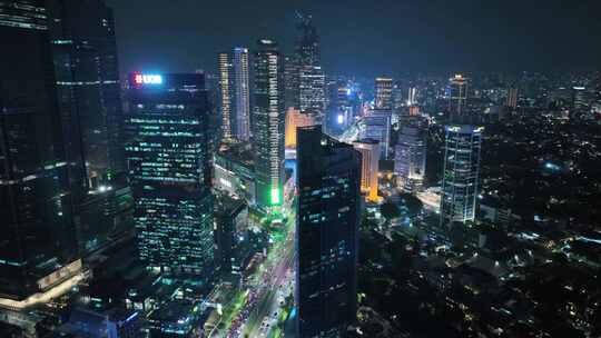 印尼雅加达城市密集的高楼群夜景航拍风光