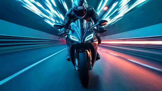 摩托车骑手公路骑行的动感瞬间