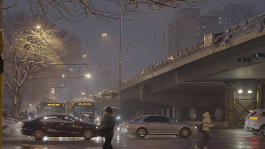 城市冬天雪景 夜晚雪景