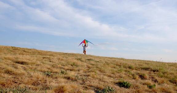 小男孩在田野里放风筝