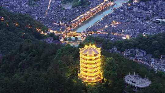 4k湖南湘西凤凰古城夜景航拍