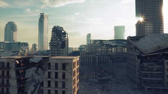 夕阳下战后的废墟城市视频素材模板下载