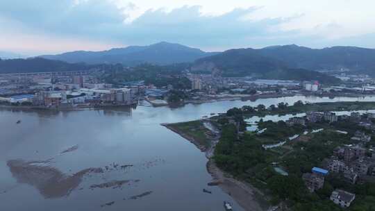 航拍闽江河口湿地小岛果园茉莉花田沙洲河汊