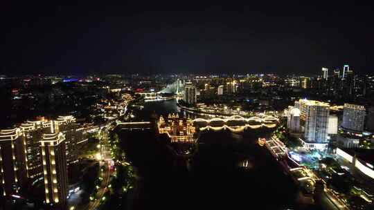 福建福州闽江夜景灯光中洲岛航拍