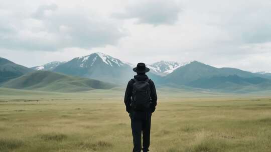 男子背背包眺望远方山脉