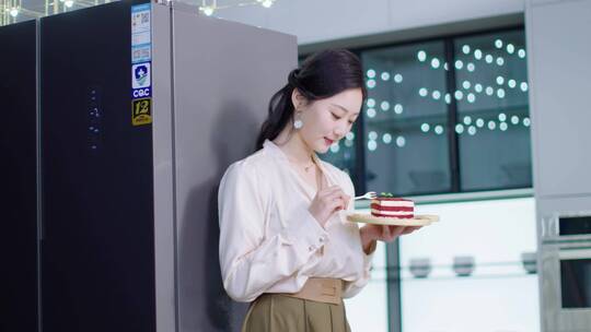 美女冰箱拿新鲜食物吃红丝绒蛋糕海鲜水果视频素材模板下载