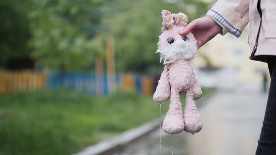 手中拿着湿透的兔子玩偶