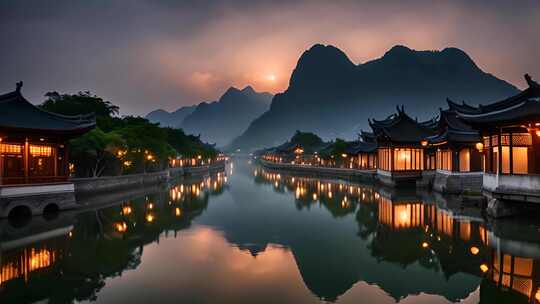 江南水乡烟雨江南朦胧夜景