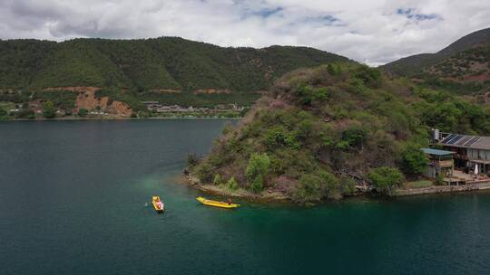 云南泸沽湖里格半岛自然风光航拍