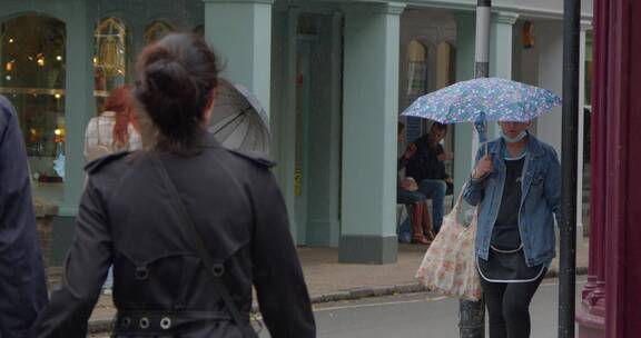 延时拍摄购物者在雨中行走