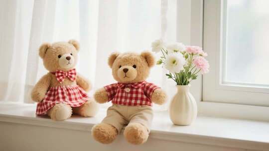 窗台上的两只泰迪熊玩偶