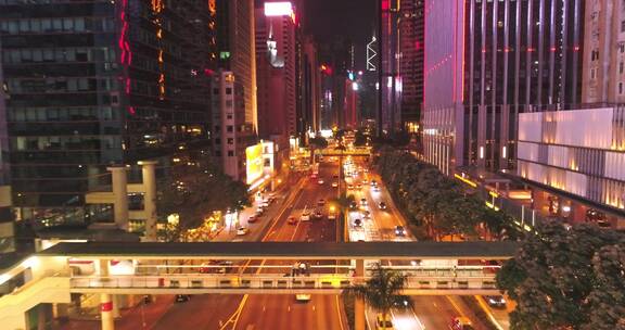 4K航拍香港CBD晚霞城市高楼大厦夜景车流
