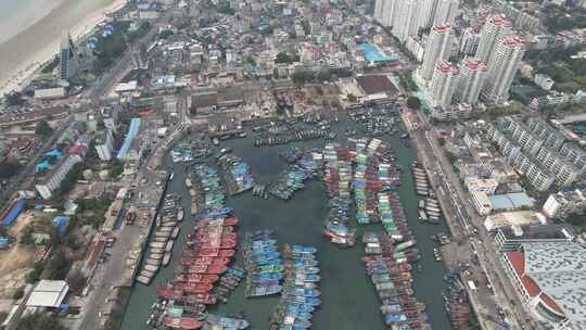 海边渔船广西北海海边风光航拍