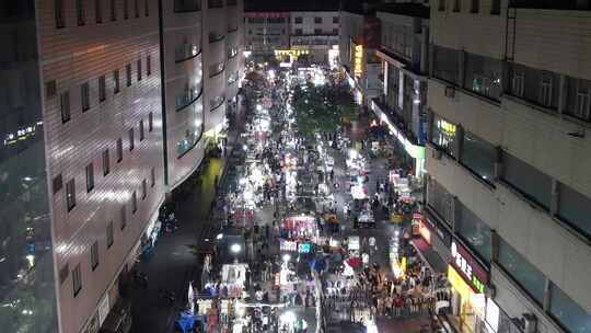 城市夜市步行街夜景人流航拍