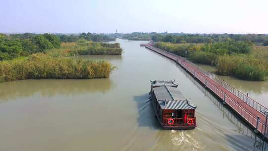 德清县下渚湖游船船只航拍