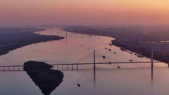 4K航拍夕阳下白沙州大桥