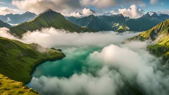 云雾缭绕的高山湖泊风光