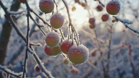 覆霜果实冬日枝头特写