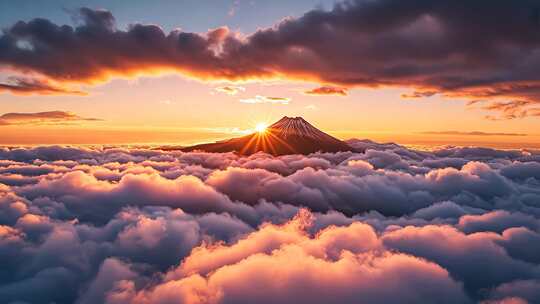 壮观的云海日出映照富士山