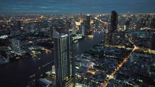 泰国曼谷湄南河城市高楼夜景航拍风光