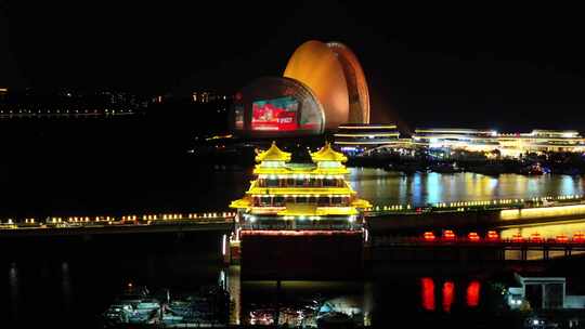 广州珠海日月贝大剧院情侣路海滩夜景航拍