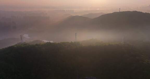 4k长沙谷山森林公园日出晨雾航拍